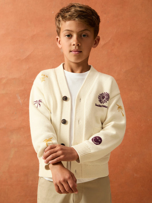 Reiss Featured - 9-13 yrs SmileyWorld Embroidery Cardigan Unisex Fit in Off White