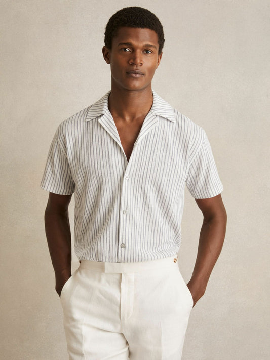 Reiss Affordable - Textured Stripe Cuban Collar Shirt in White/Soft Blue
