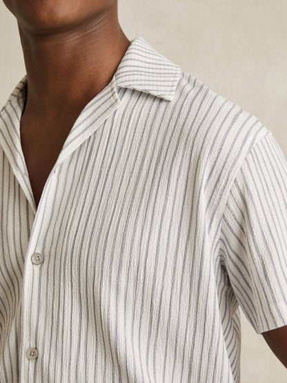 Reiss Affordable - Textured Stripe Cuban Collar Shirt in White/Soft Blue