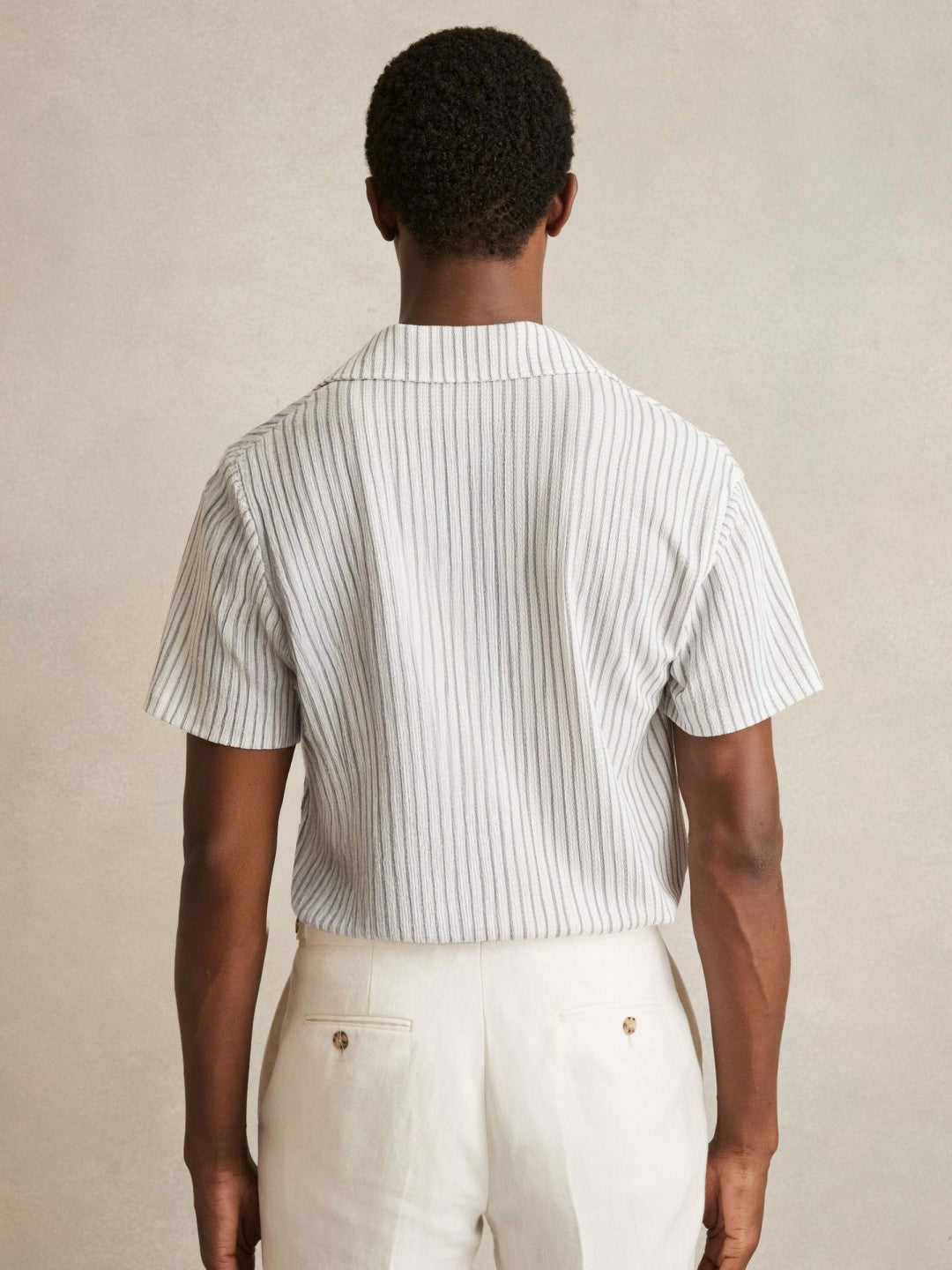 Reiss Affordable - Textured Stripe Cuban Collar Shirt in White/Soft Blue
