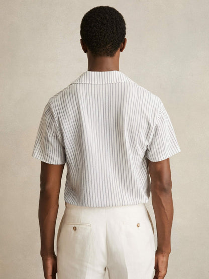 Reiss Affordable - Textured Stripe Cuban Collar Shirt in White/Soft Blue