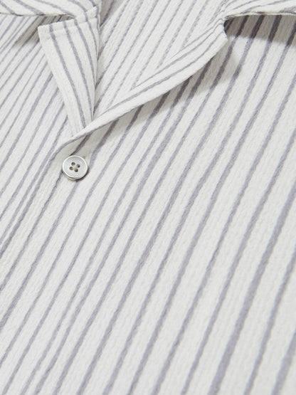 Reiss Affordable - Textured Stripe Cuban Collar Shirt in White/Soft Blue