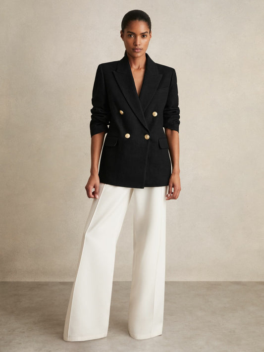 Reiss Sale - Oversized Double-Breasted Blazer Linen-Blend in Black
