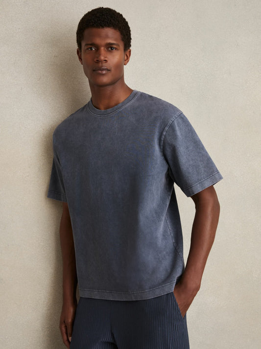 Reiss Deal - Cotton Garment-Dyed Oversize T-Shirt in Indigo Blue