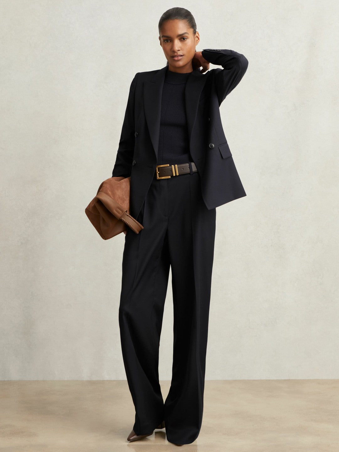 Reiss Wool-Blend Wide-Leg Suit Trousers in Navy