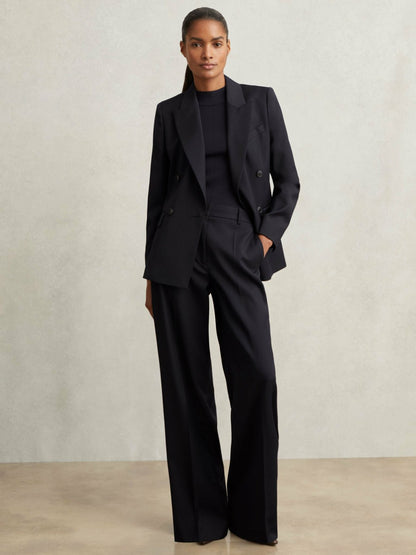 Reiss Wool-Blend Wide-Leg Suit Trousers in Navy