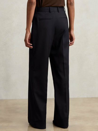 Reiss Wool-Blend Wide-Leg Suit Trousers in Navy