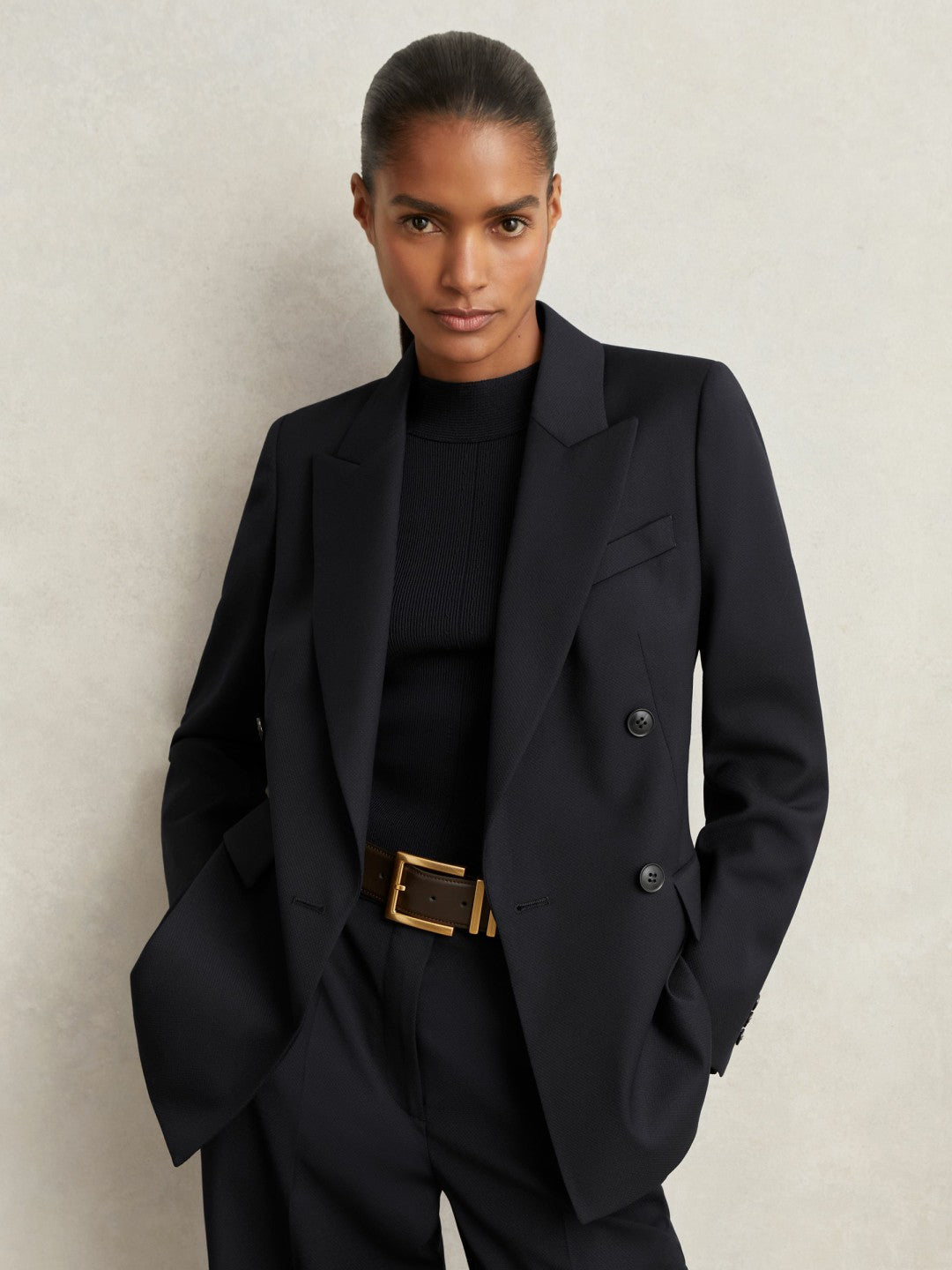 Reiss Offer - Petite Wool Blend Double Breasted Suit Blazer in Navy