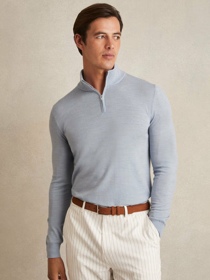 Reiss Affordable - Merino Wool Half-Zip Jumper in Soft Blue