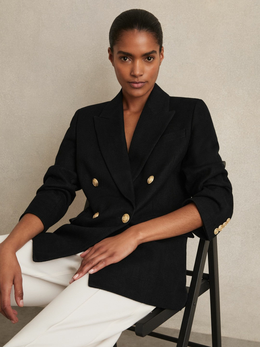 Reiss Featured - Petite Oversized Double-Breasted Blazer Linen-Blend in Black