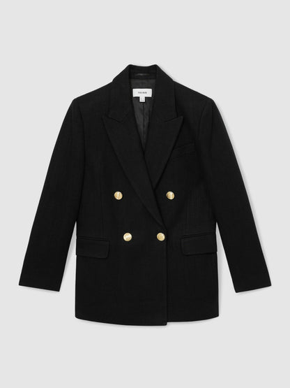 Reiss Featured - Petite Oversized Double-Breasted Blazer Linen-Blend in Black