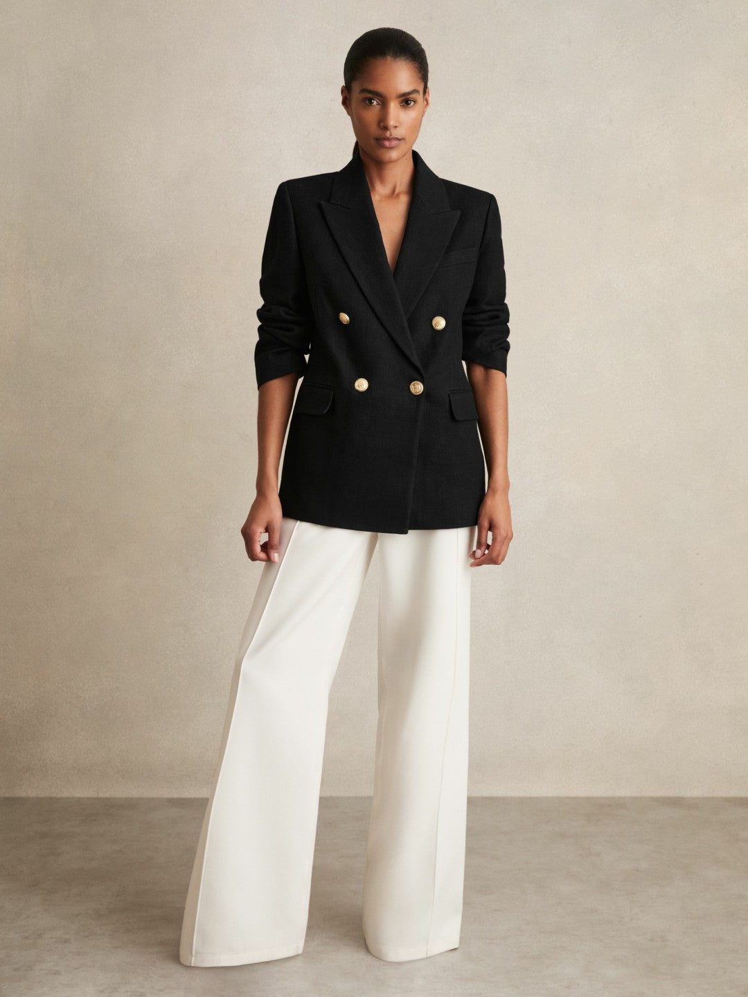 Reiss Featured - Petite Oversized Double-Breasted Blazer Linen-Blend in Black