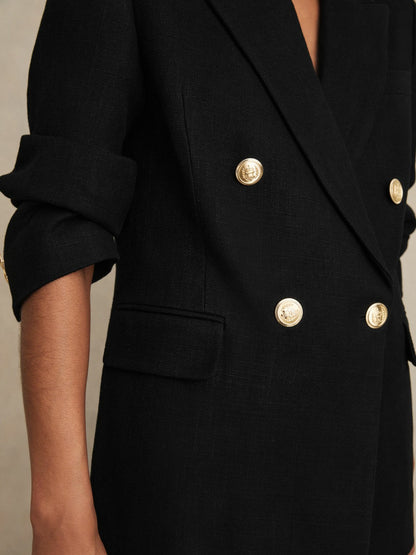 Reiss Featured - Petite Oversized Double-Breasted Blazer Linen-Blend in Black