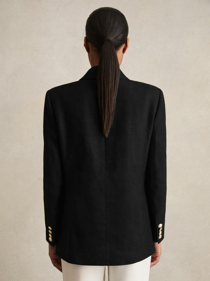 Reiss Featured - Petite Oversized Double-Breasted Blazer Linen-Blend in Black