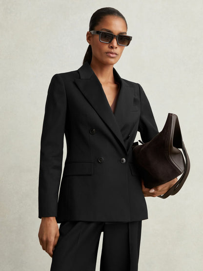 Reiss Petite Wool Blend Double Breasted Suit Blazer in Black