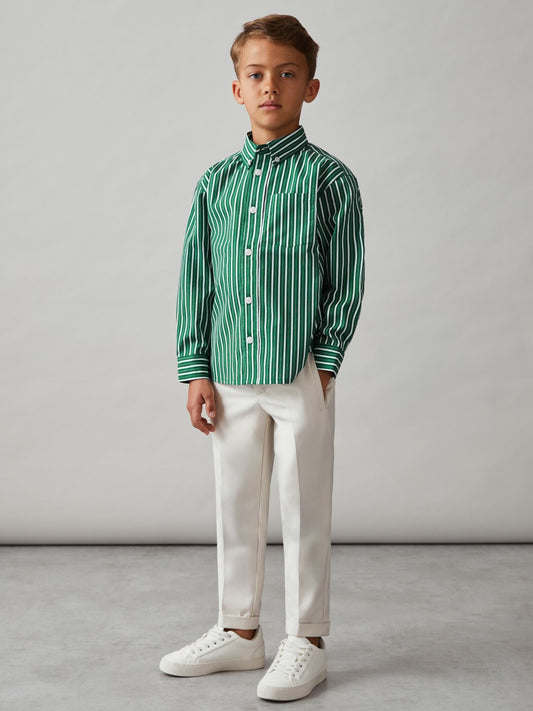 Reiss 3-9 yrs Cotton-Poplin Striped Oversize Shirt in Green/White