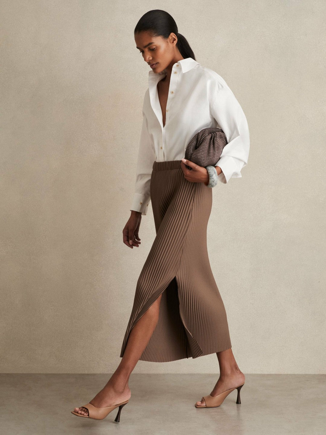Reiss Pleated Jersey Midi Skirt in Chocolate