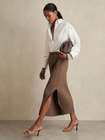 Reiss Pleated Jersey Midi Skirt in Chocolate
