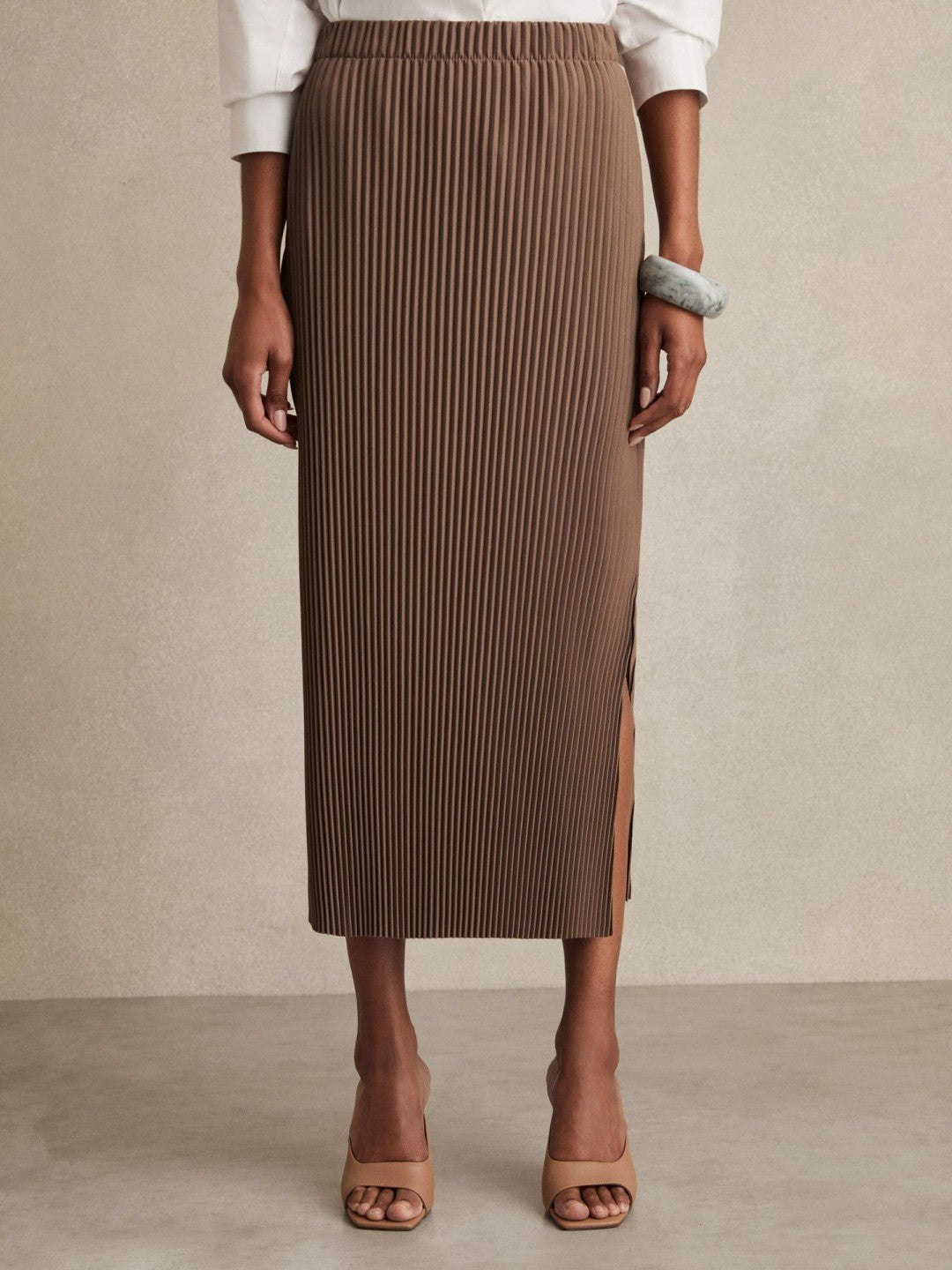 Reiss Pleated Jersey Midi Skirt in Chocolate