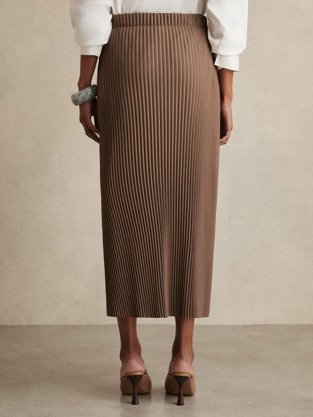 Reiss Pleated Jersey Midi Skirt in Chocolate