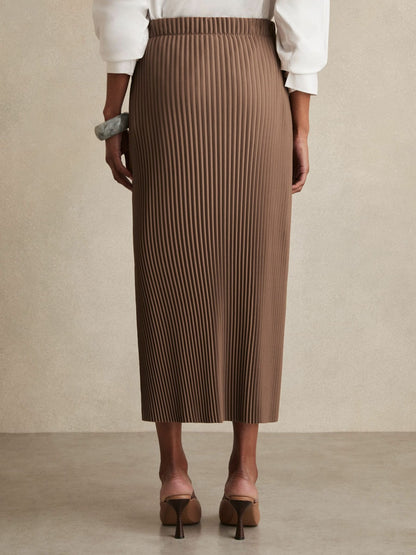 Reiss Pleated Jersey Midi Skirt in Chocolate