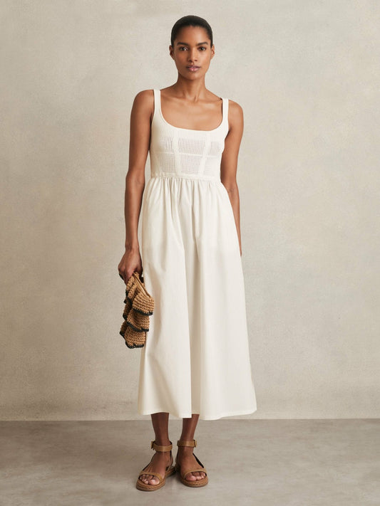 Reiss Affordable - Perforated-Knit Cotton-Skirt Midi Dress in Ivory