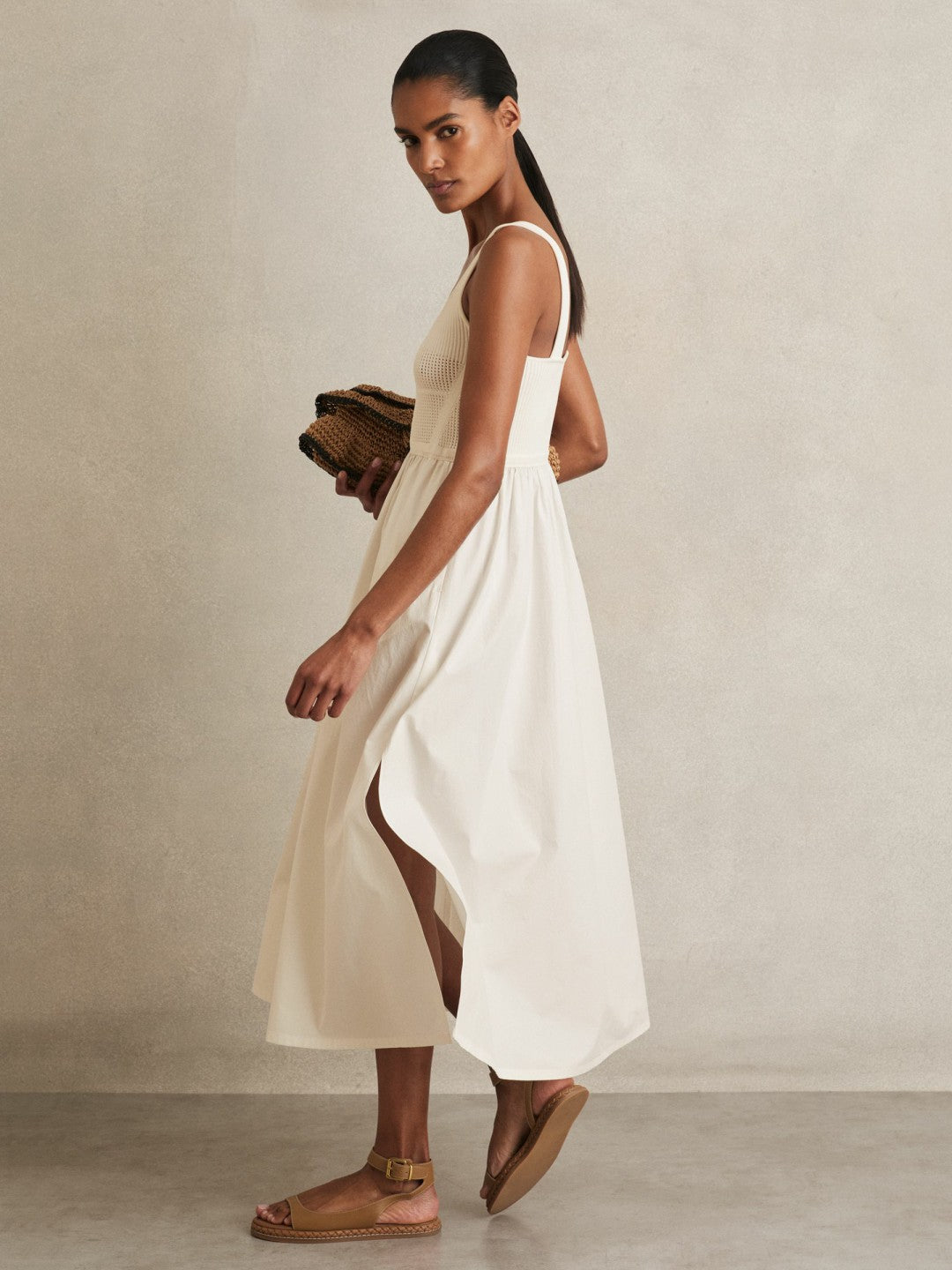 Reiss Affordable - Perforated-Knit Cotton-Skirt Midi Dress in Ivory