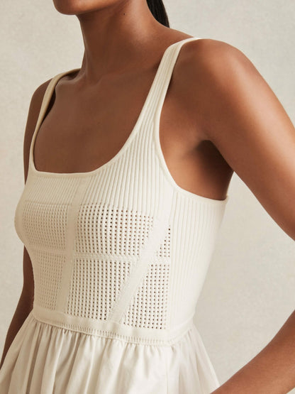 Reiss Affordable - Perforated-Knit Cotton-Skirt Midi Dress in Ivory