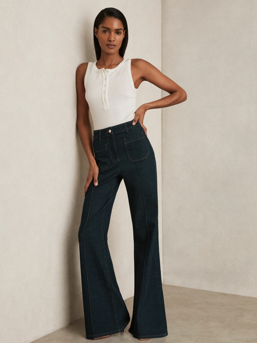 Reiss Featured - Petite Patch-Pocket Flared Jeans in Dark Blue