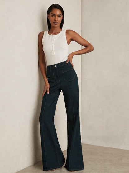 Reiss Featured - Petite Patch-Pocket Flared Jeans in Dark Blue