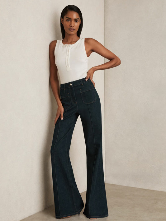 Reiss Featured - Petite Patch-Pocket Flared Jeans in Dark Blue