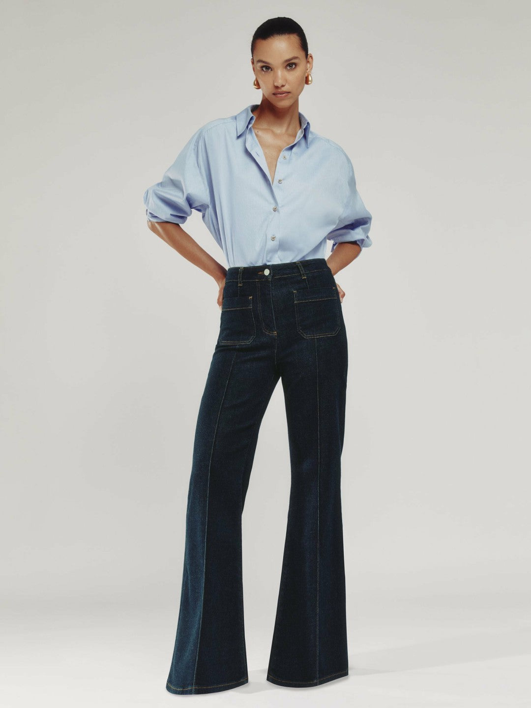 Reiss Featured - Petite Patch-Pocket Flared Jeans in Dark Blue