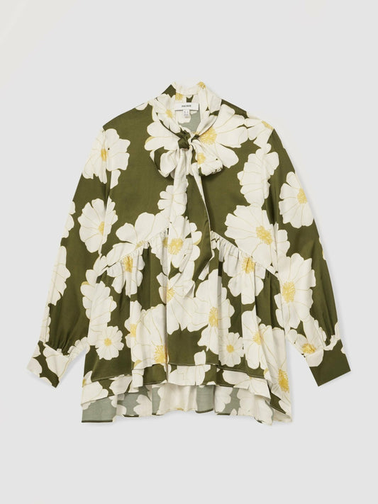 Reiss Floral Tie-Neck Swing Blouse in Ivory/Green