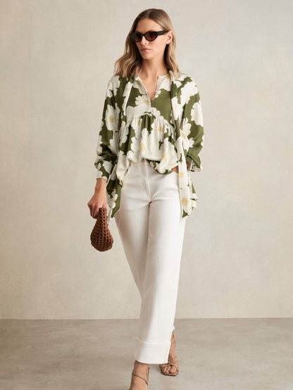 Reiss Value - Floral Tie-Neck Swing Blouse in Ivory/Green