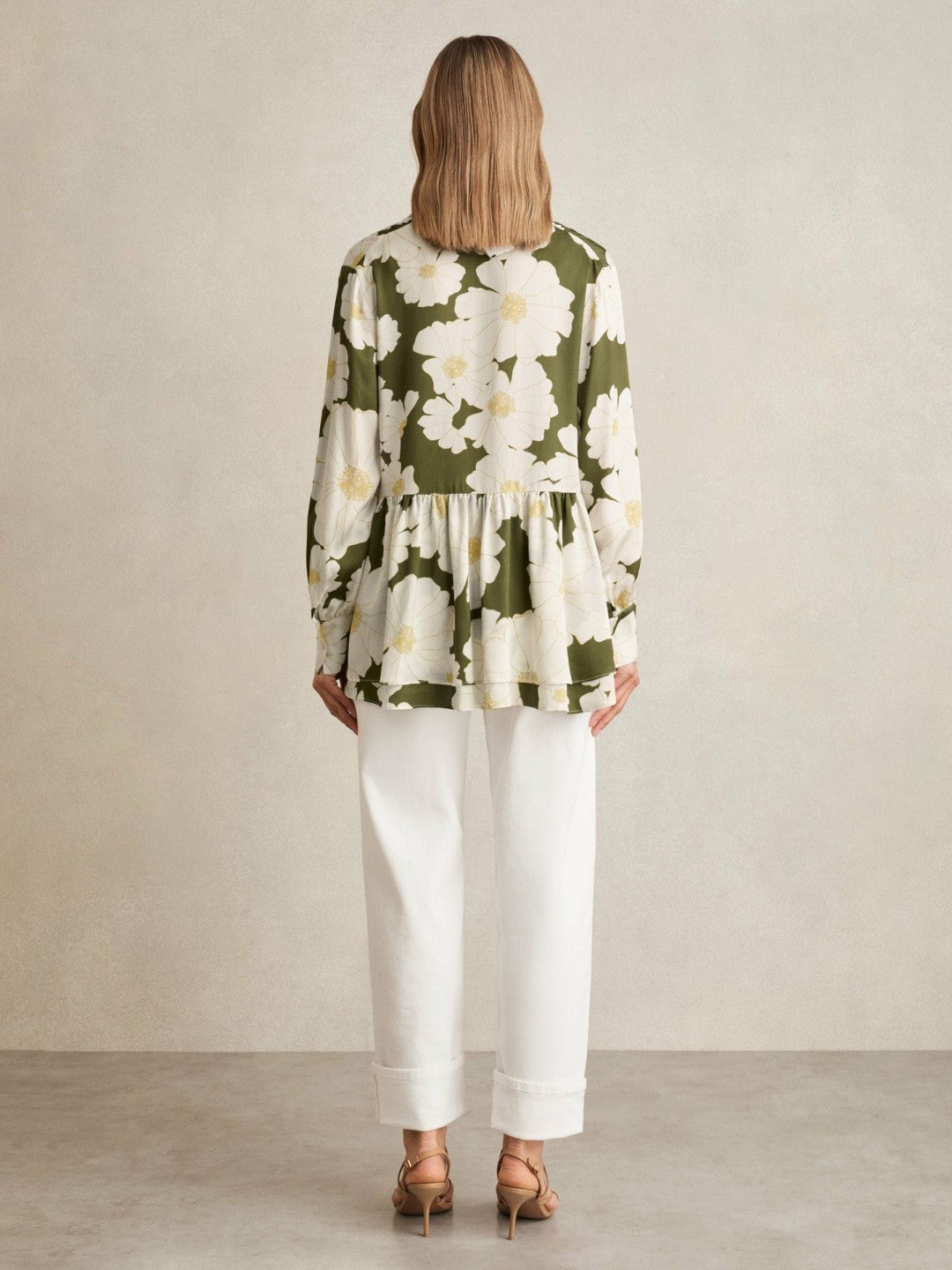 Reiss Value - Floral Tie-Neck Swing Blouse in Ivory/Green