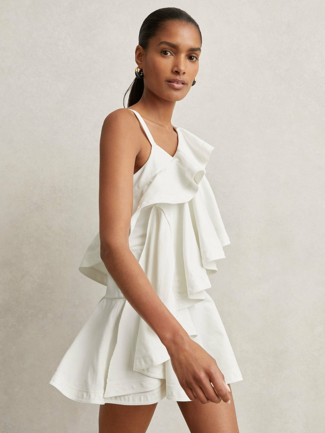 Reiss Cotton Tiered Ruffle Mini Dress in Ivory