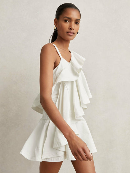Reiss Cotton Tiered Ruffle Mini Dress in Ivory