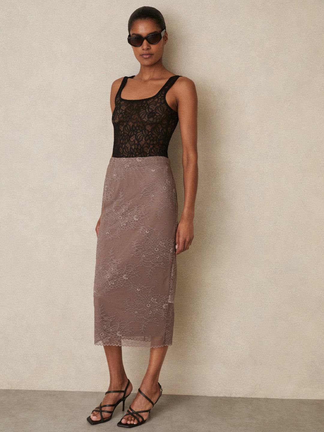Reiss Deal - Lace Pencil Skirt in Taupe Brown