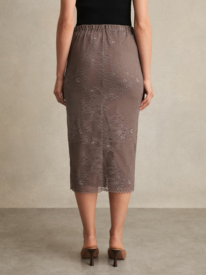 Reiss Deal - Lace Pencil Skirt in Taupe Brown