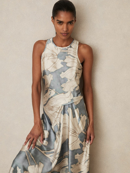 Reiss Satin Floral Drape Midi Dress in Blue
