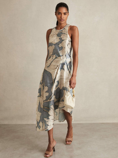 Reiss Satin Floral Drape Midi Dress in Blue
