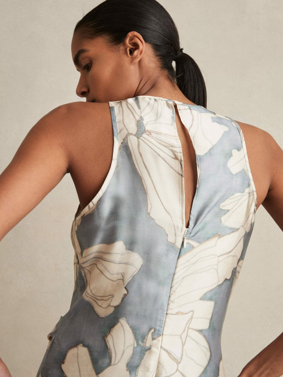 Reiss Satin Floral Drape Midi Dress in Blue