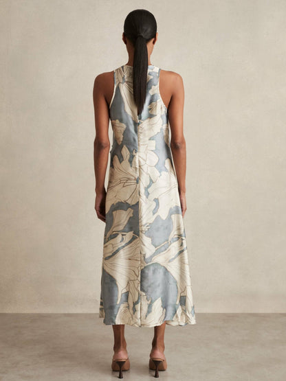 Reiss Satin Floral Drape Midi Dress in Blue