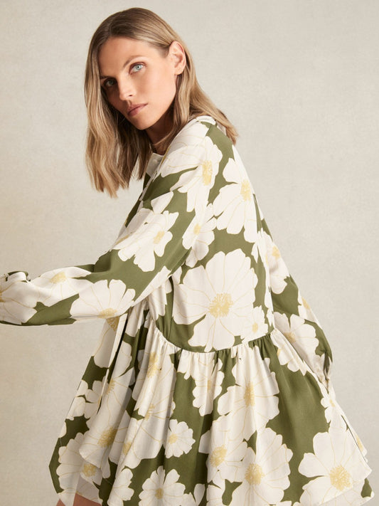 Reiss Value - Floral Tie-Neck Swing Dress in Ivory/Green