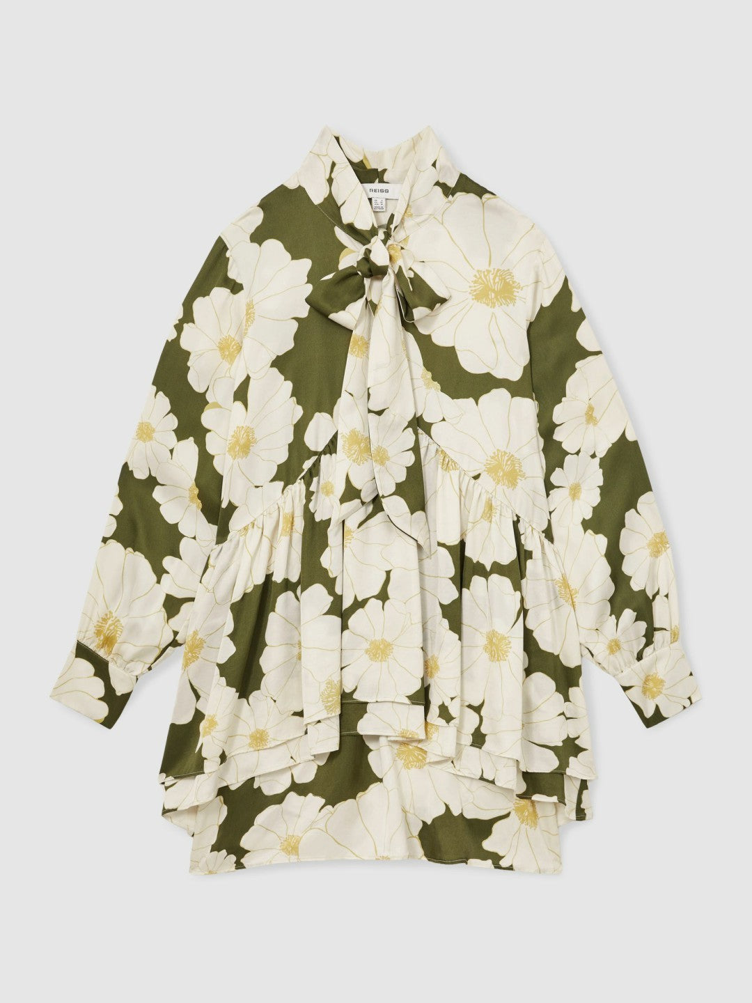 Reiss Value - Floral Tie-Neck Swing Dress in Ivory/Green
