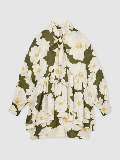 Reiss Value - Floral Tie-Neck Swing Dress in Ivory/Green