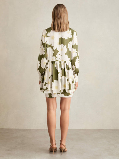 Reiss Value - Floral Tie-Neck Swing Dress in Ivory/Green
