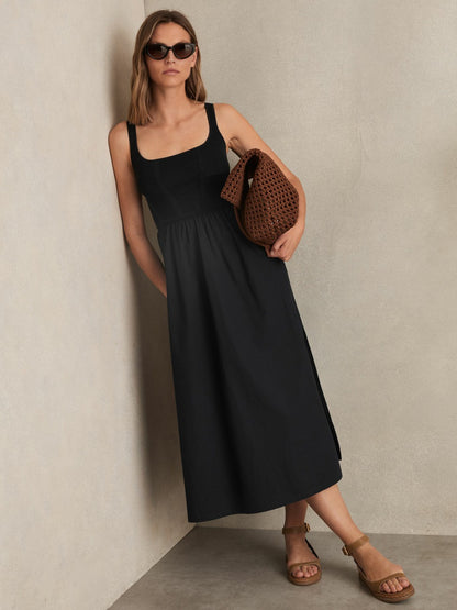 Reiss Perforated-Knit Cotton-Skirt Midi Dress in Navy