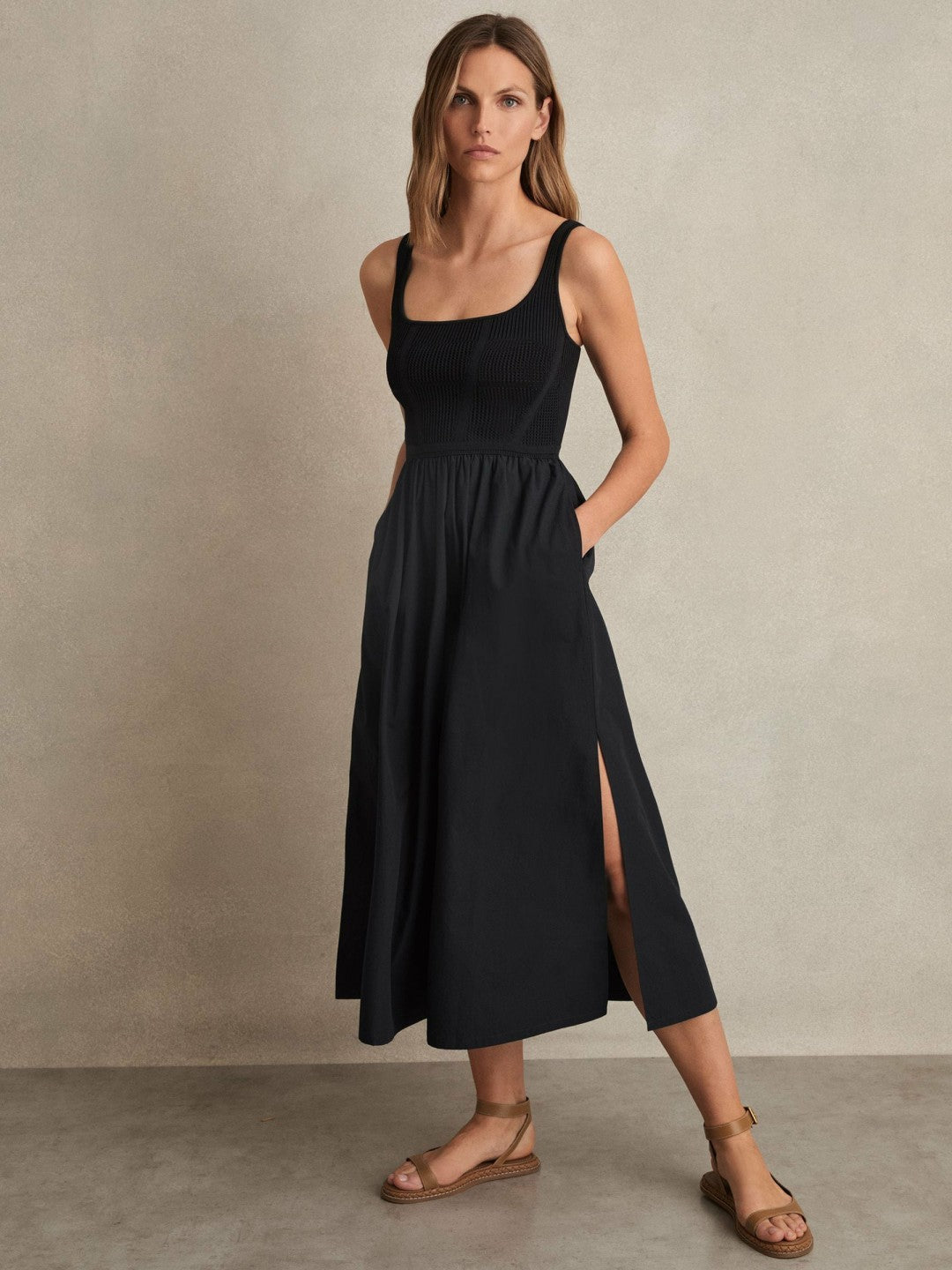 Reiss Perforated-Knit Cotton-Skirt Midi Dress in Navy