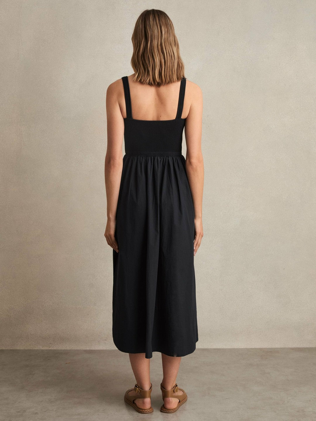 Reiss Perforated-Knit Cotton-Skirt Midi Dress in Navy